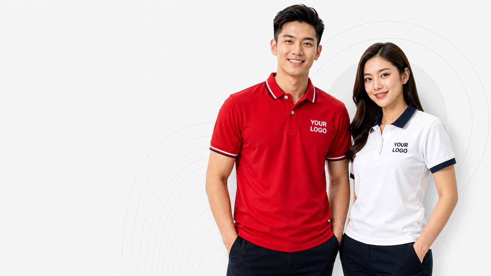Malaysian corporate uniform models wearing custom polo shirts