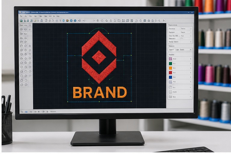 Embroidery digitising software showing stitch path and thread direction