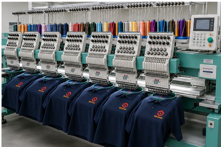 Multi-head embroidery machine stitching polo shirts