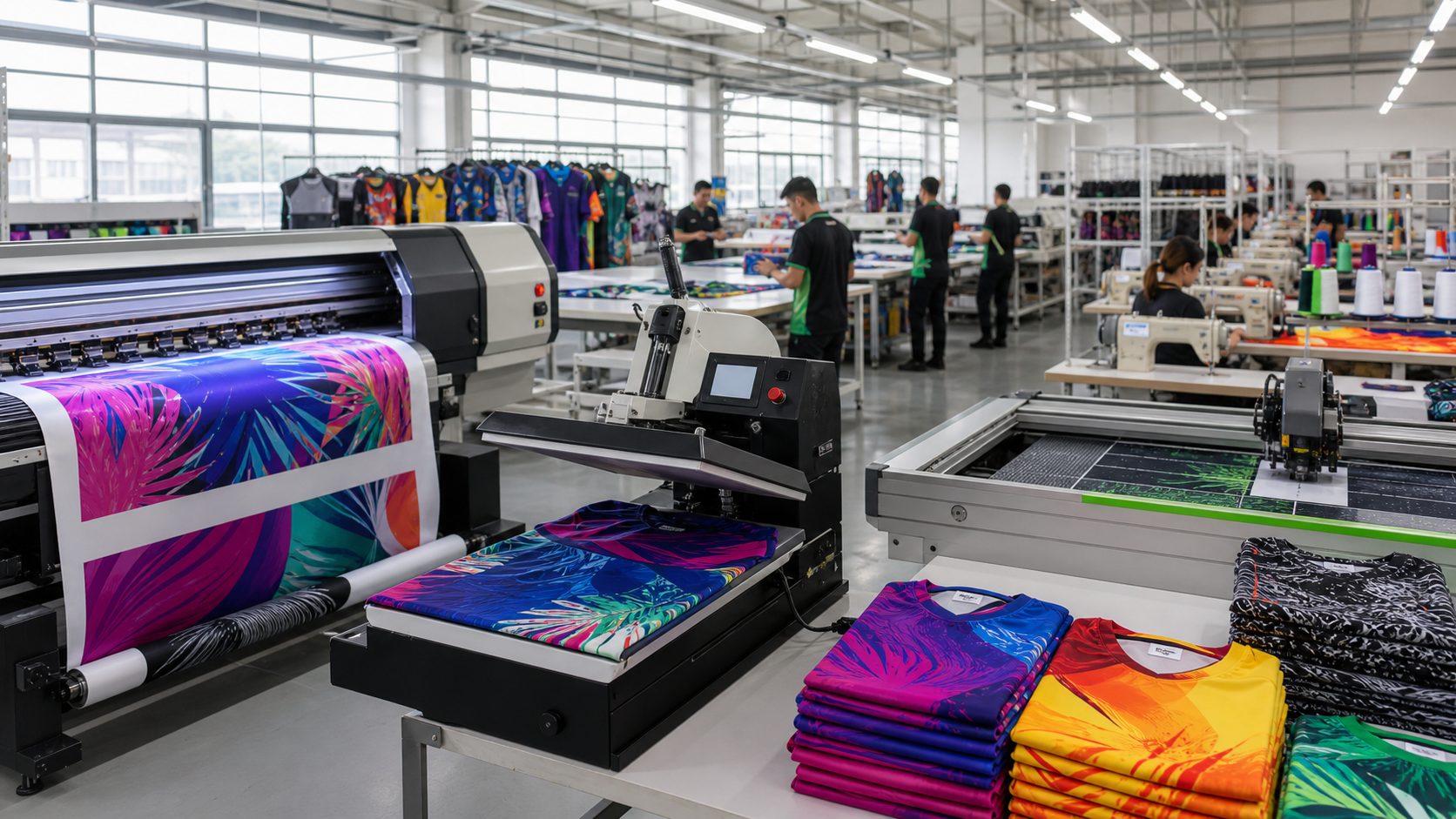 Sublimation printing factory with printer, heat press, laser cut and sewing department